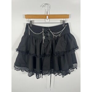 Womens Skirt M Black Tiered Ruffle Lace Chains Whimsigoth Goth Grunge Indie